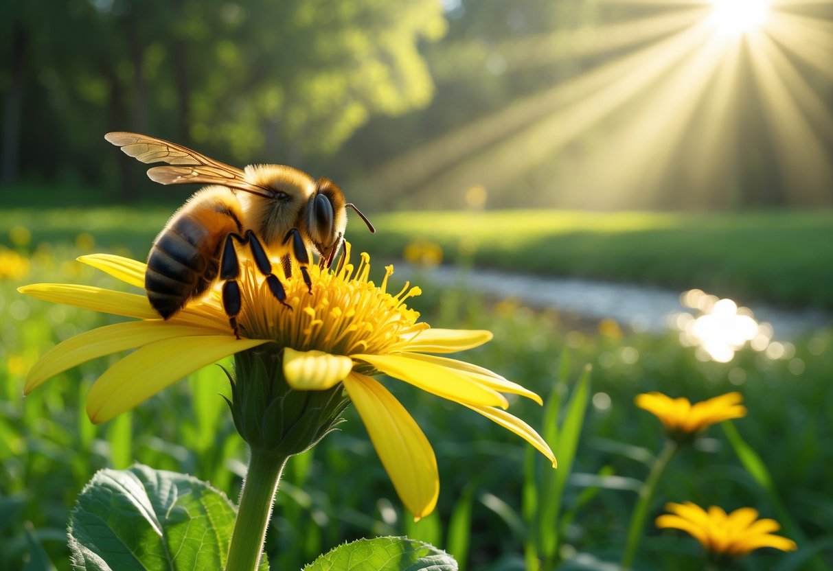 A honeybee resting on a yellow flower in a sunlit meadow with green trees and a flowing stream in the background.