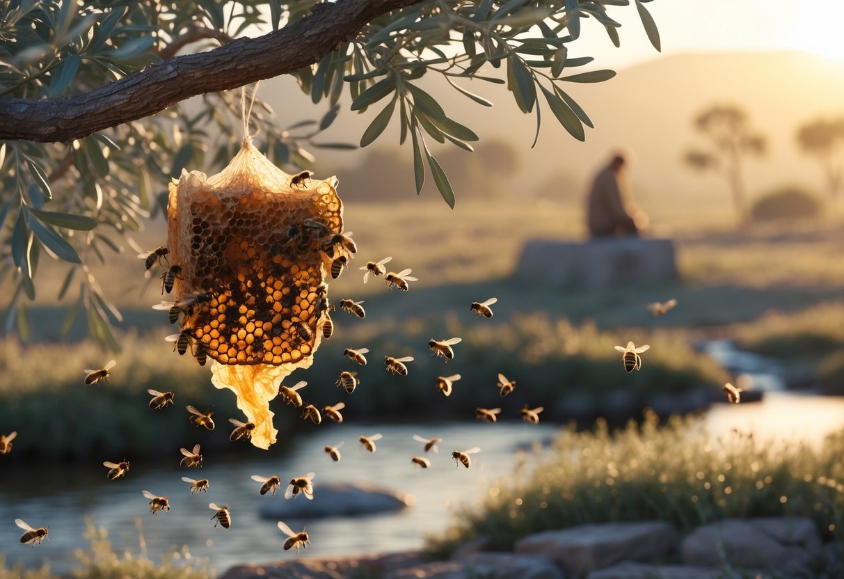 Bees gathering around a honeycomb hanging from an olive tree branch in a peaceful biblical landscape with a shepherd and ancient scrolls in the background.