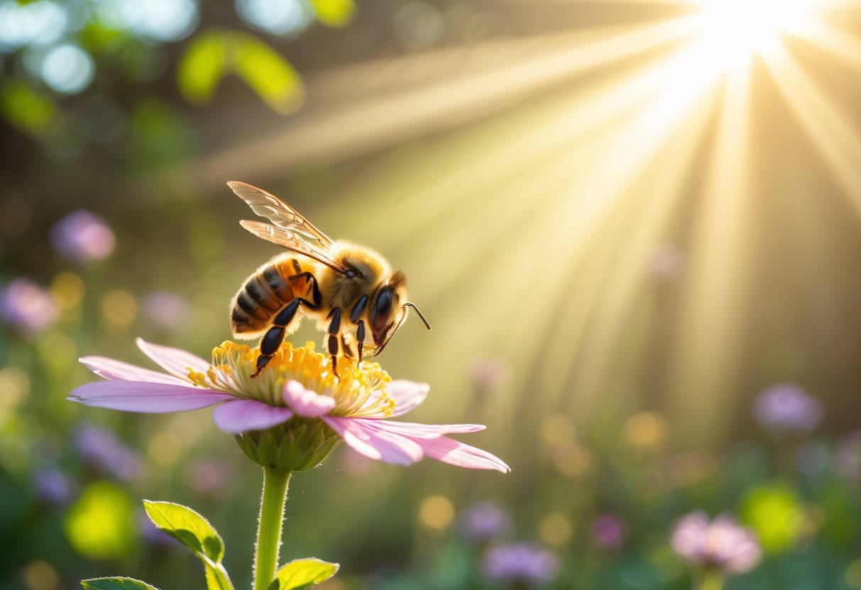 A honeybee resting on a colorful flower in a sunlit garden with soft light surrounding it.