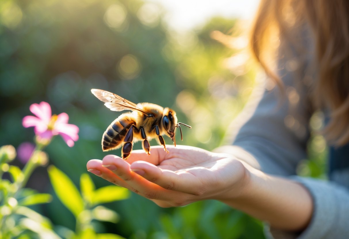 A person outdoors in a garden holding out their hand while a bee hovers nearby among flowers.