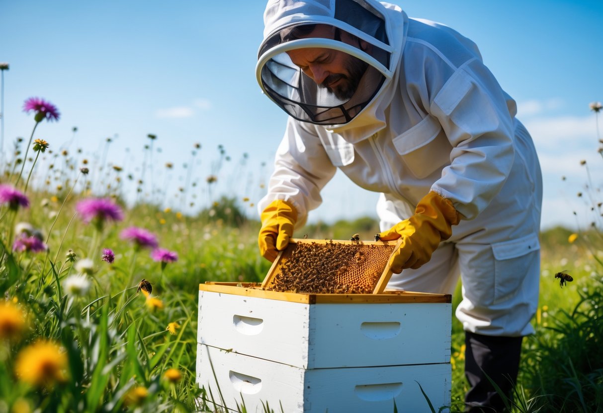A beekeeper in protective gear inspecting a beehive surrounded by wildflowers on a sunny day.