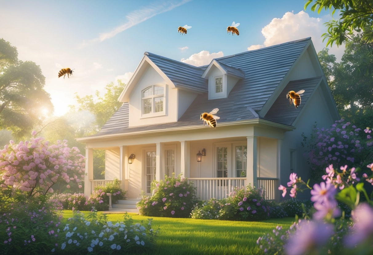 A house surrounded by flowers with honeybees flying around in a peaceful outdoor setting.