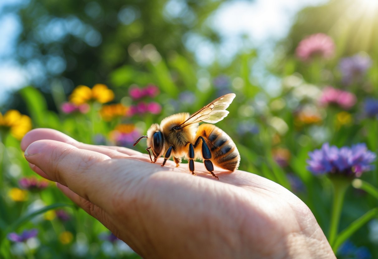 A close-up of a bee perched on a person's finger in a garden with flowers.