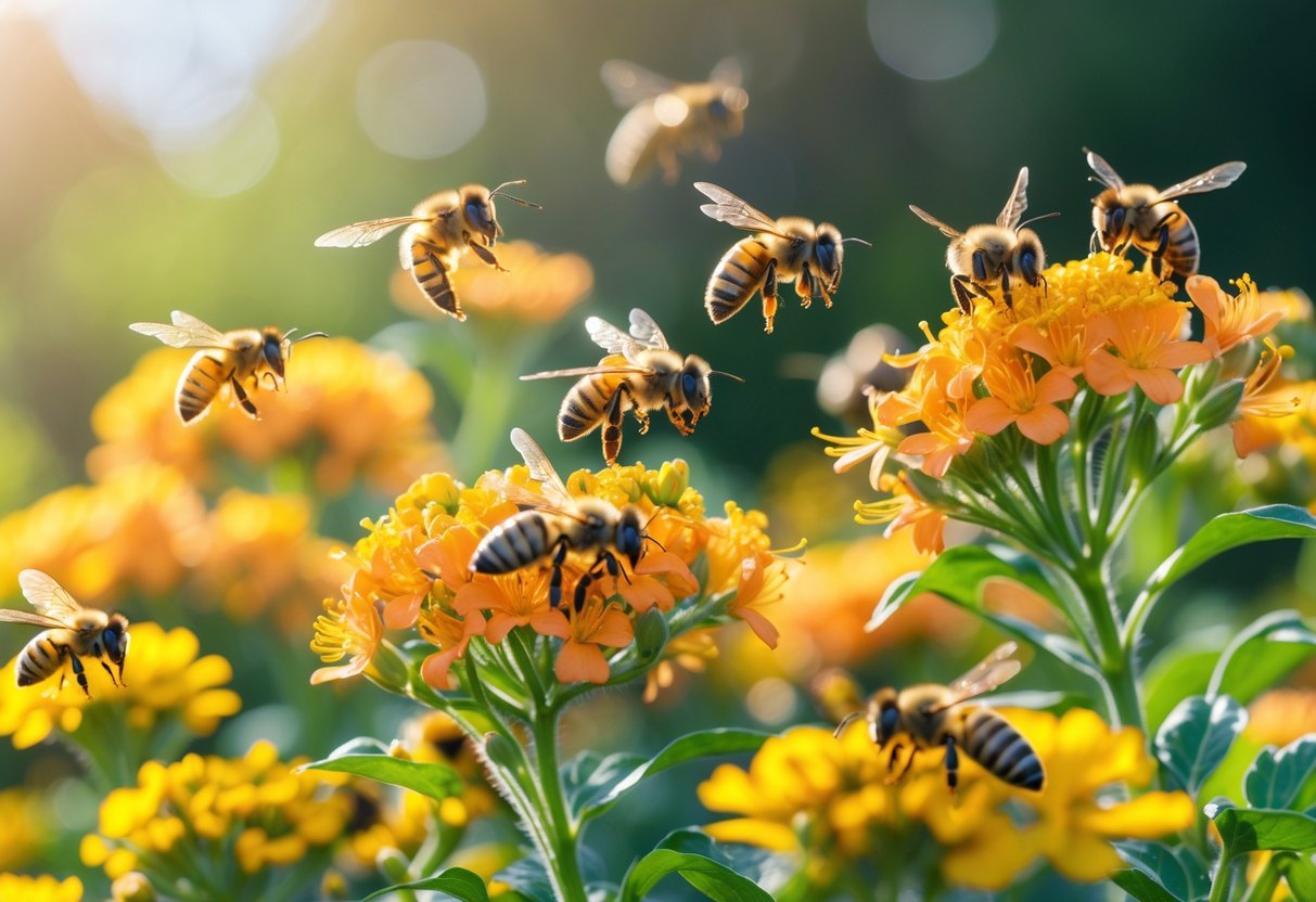 Honeybees visiting bright yellow and orange flowers in a garden, some flying and some perched on petals.