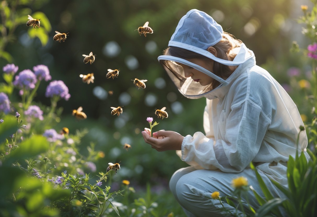A person gently holding a small memorial token among flowers while bees fly nearby in a garden.
