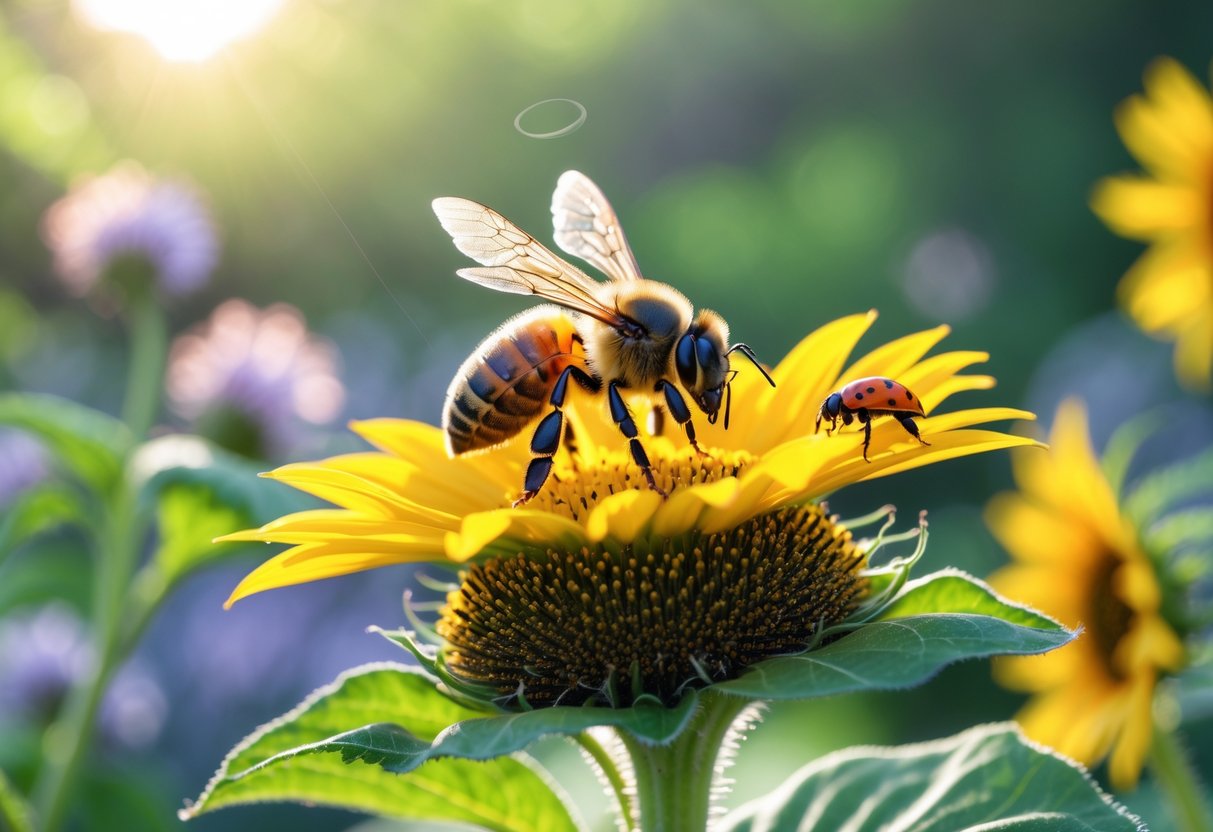 A honeybee on a yellow sunflower in a garden with flowers and green leaves in the background.