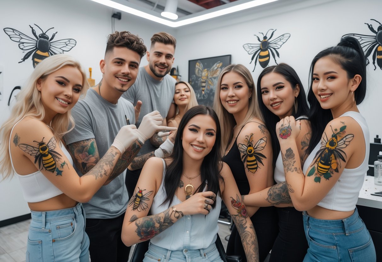A group of young adults showing fresh bee tattoos in a tattoo studio while a tattoo artist works in the background.