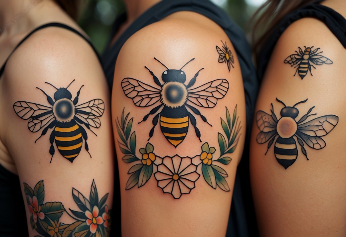 Close-up view of different bee tattoos on various skin tones, showing detailed and colorful designs of bees and honeycomb patterns.
