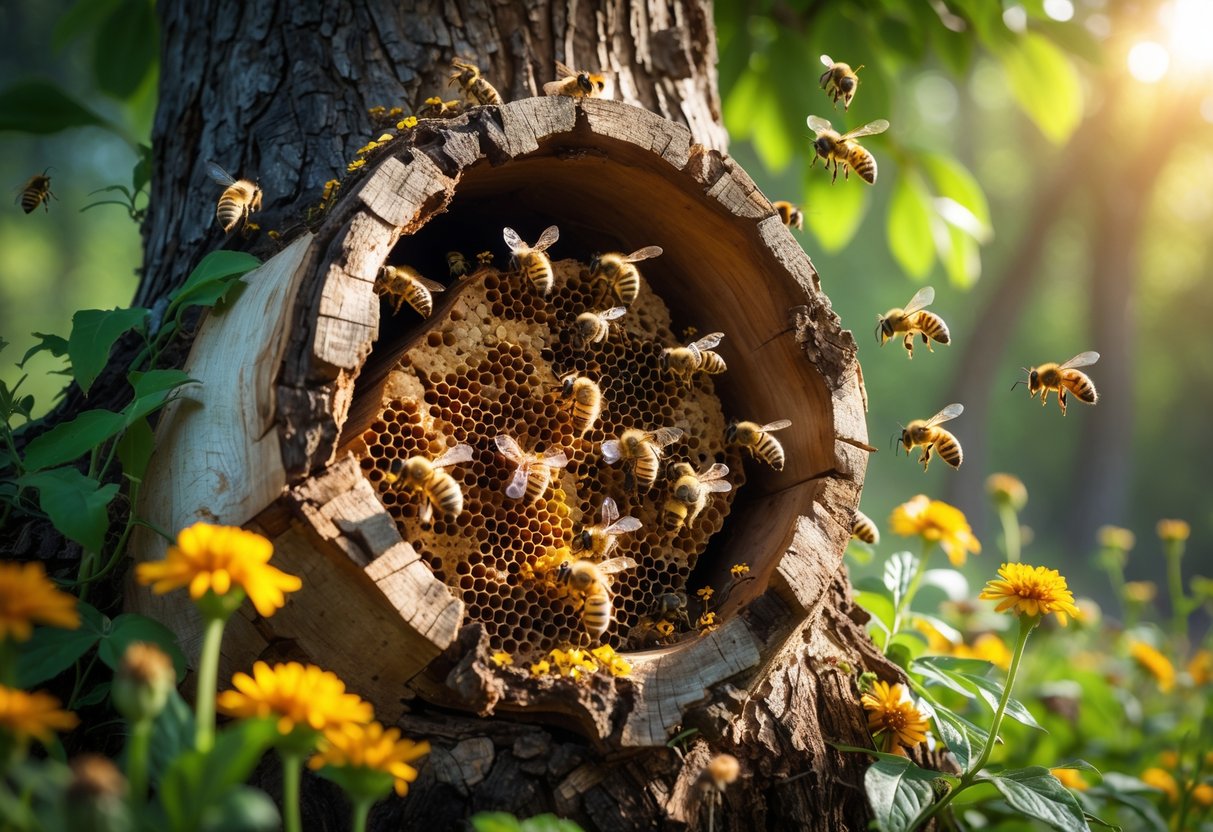 Close-up of a beehive inside a tree trunk with bees flying around and wildflowers nearby.