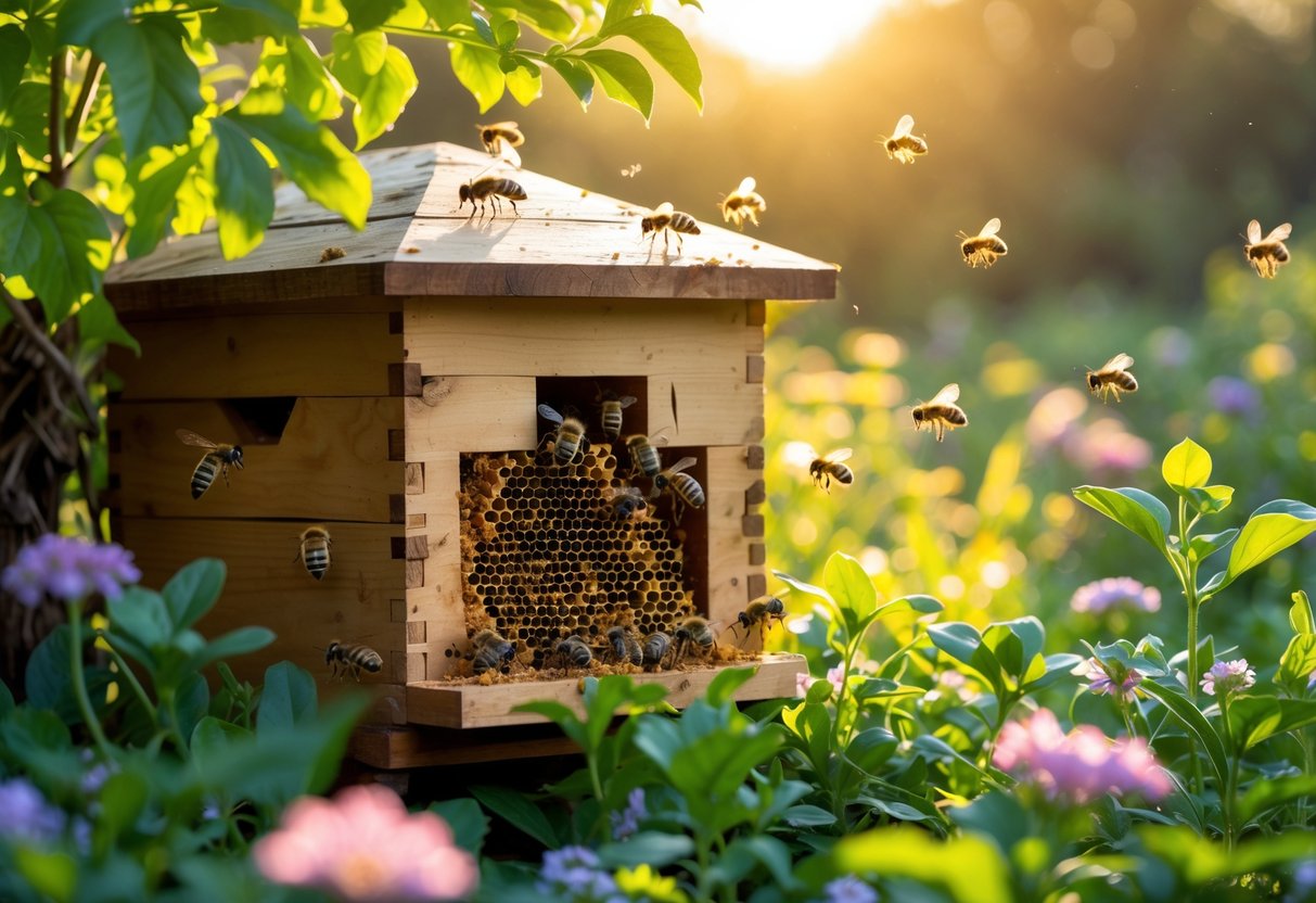 Close-up of a wooden beehive with bees flying around it in a blooming garden at sunrise.