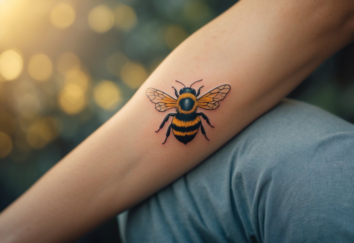 Close-up of a person's forearm with a detailed bee tattoo, hand resting on chest, conveying strength and healing.