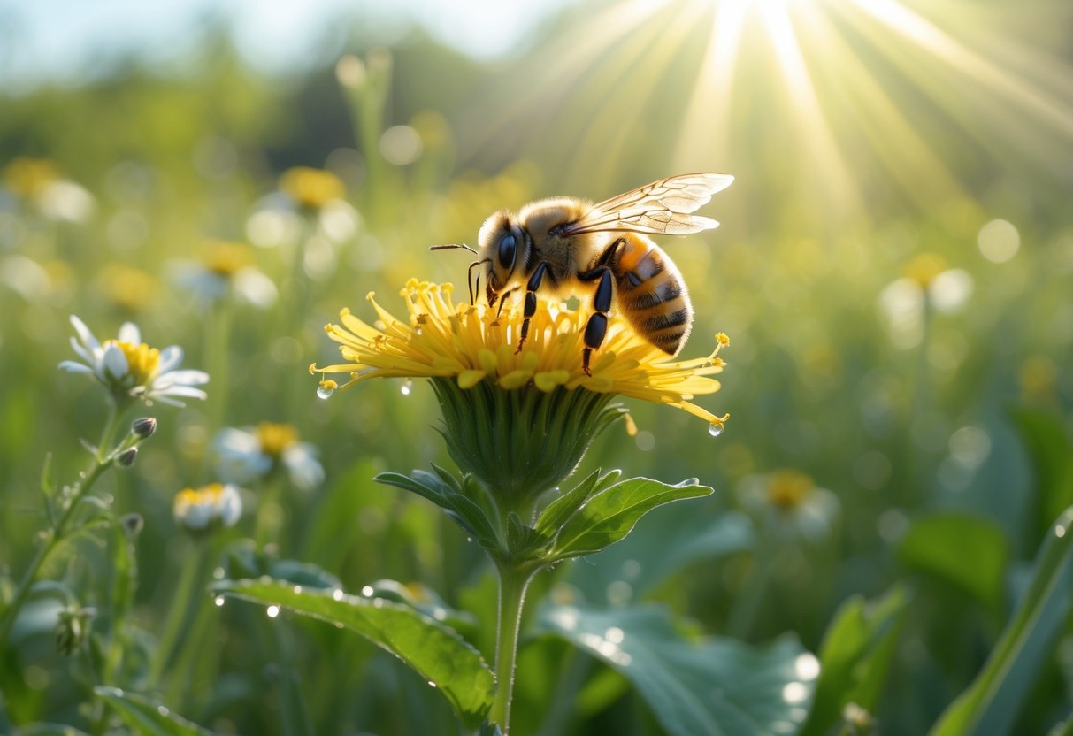 A close-up of a bee resting on a yellow flower in a sunlit meadow with green plants and flowers around.