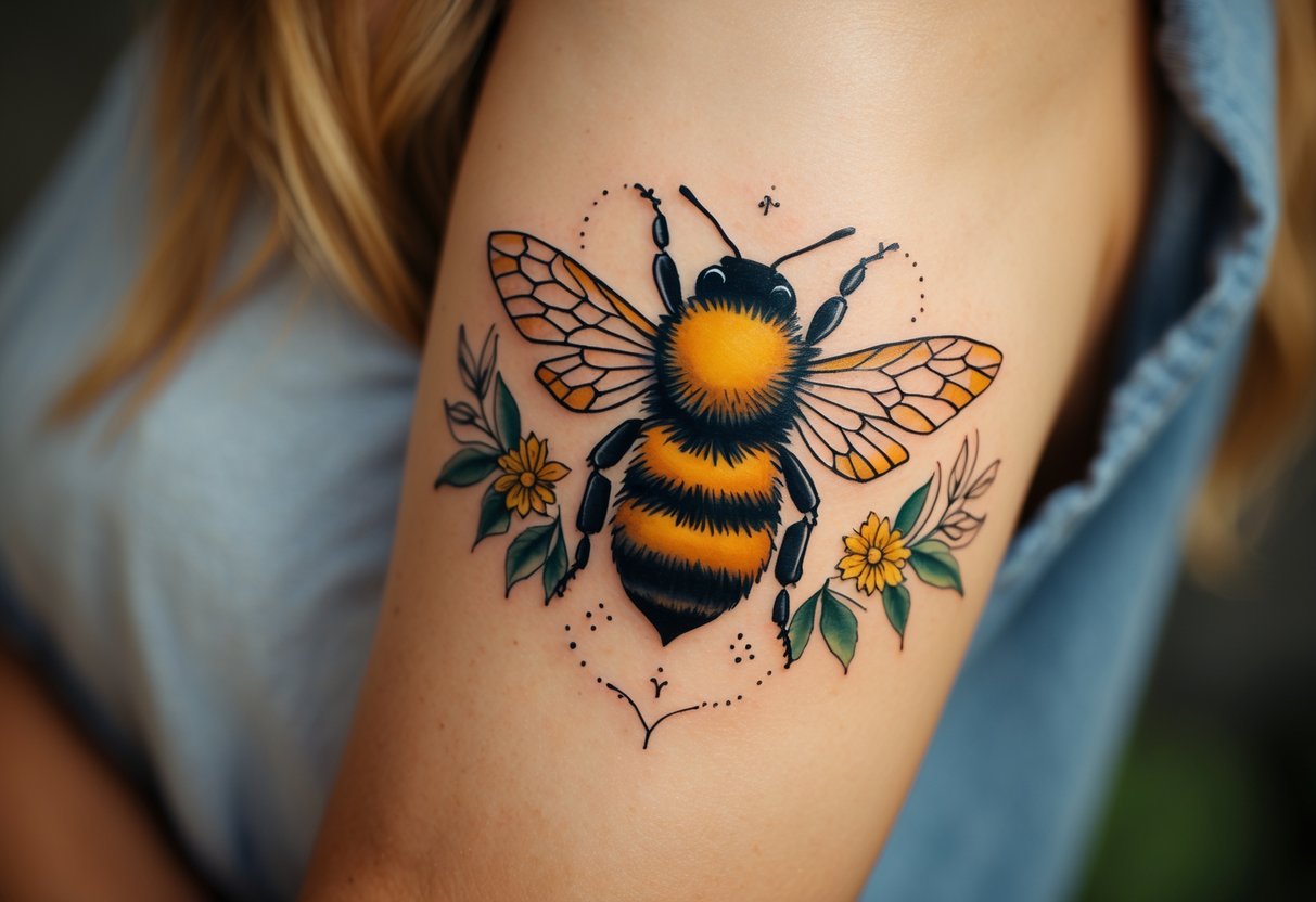 Close-up of a person's arm with a detailed bee tattoo surrounded by floral elements.