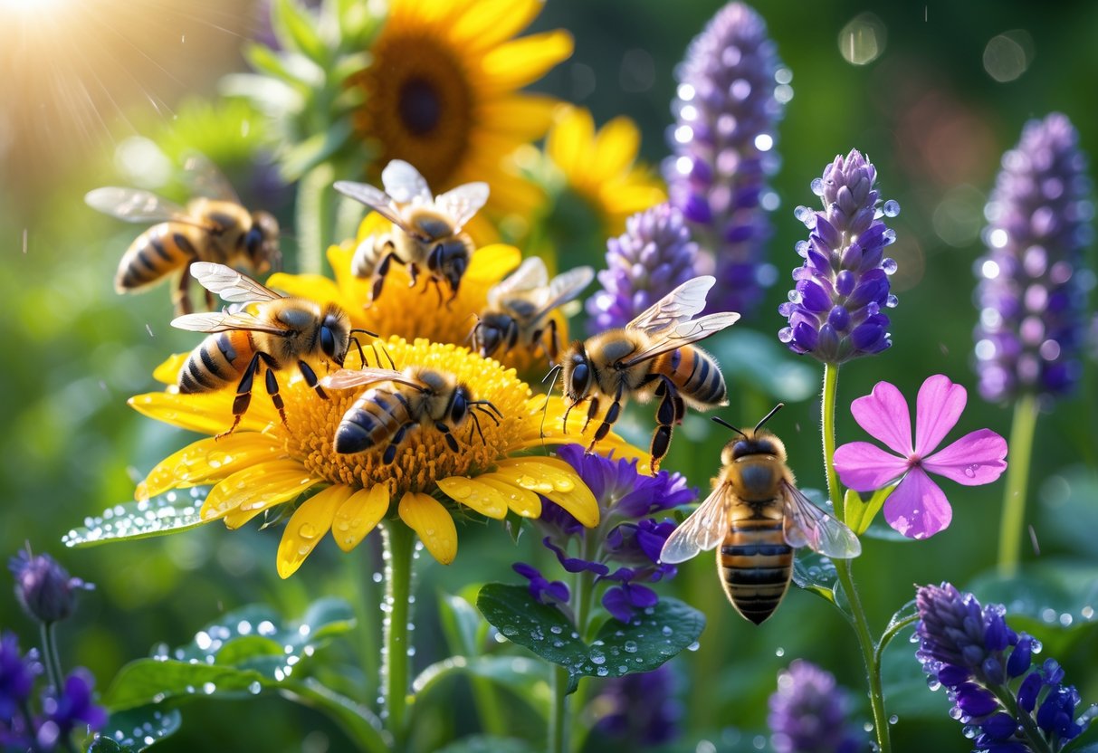 Close-up of bees collecting nectar and pollen from colorful flowers in a garden.