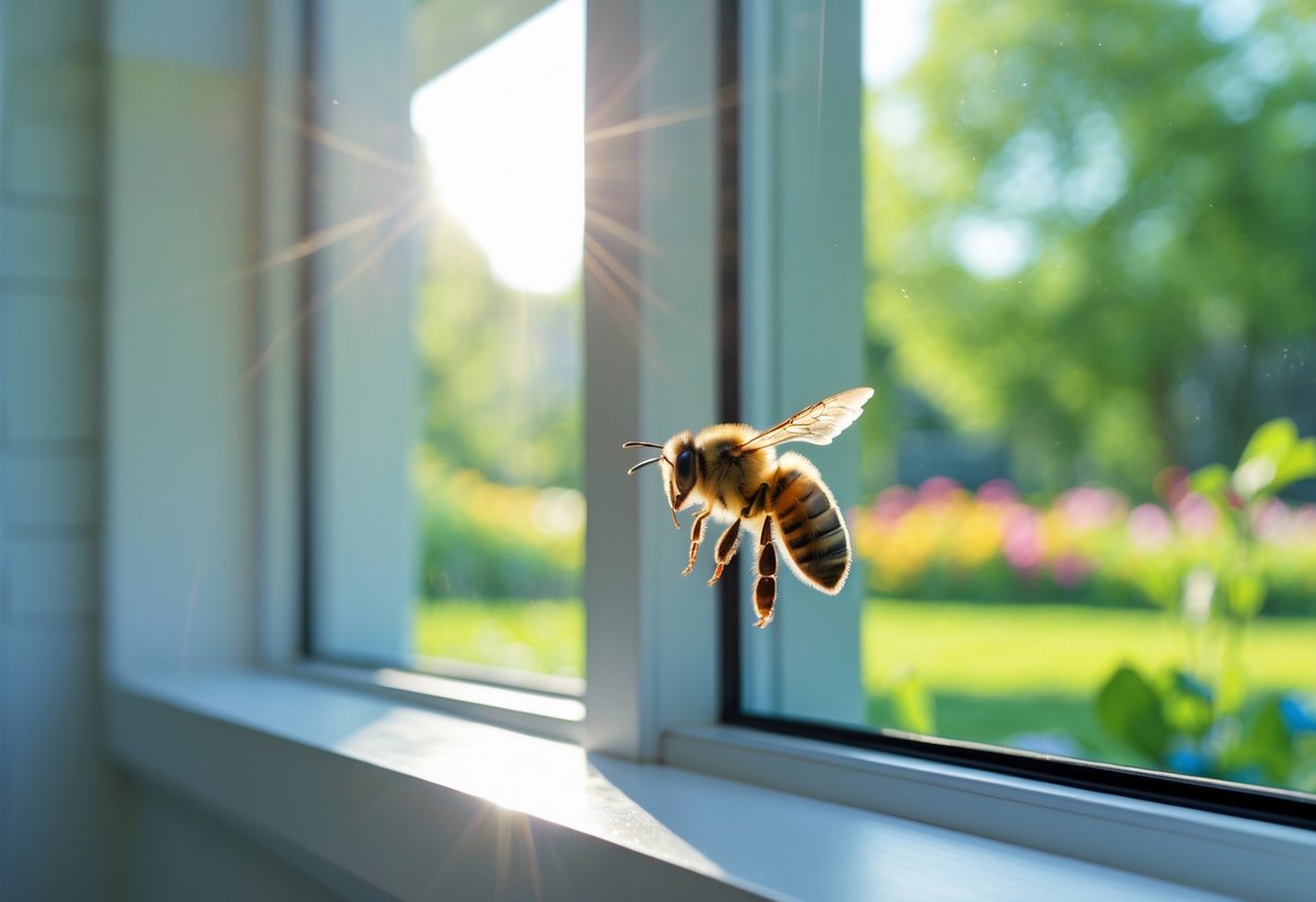A honeybee landing on the windowsill of a modern house with trees and flowers in the background.