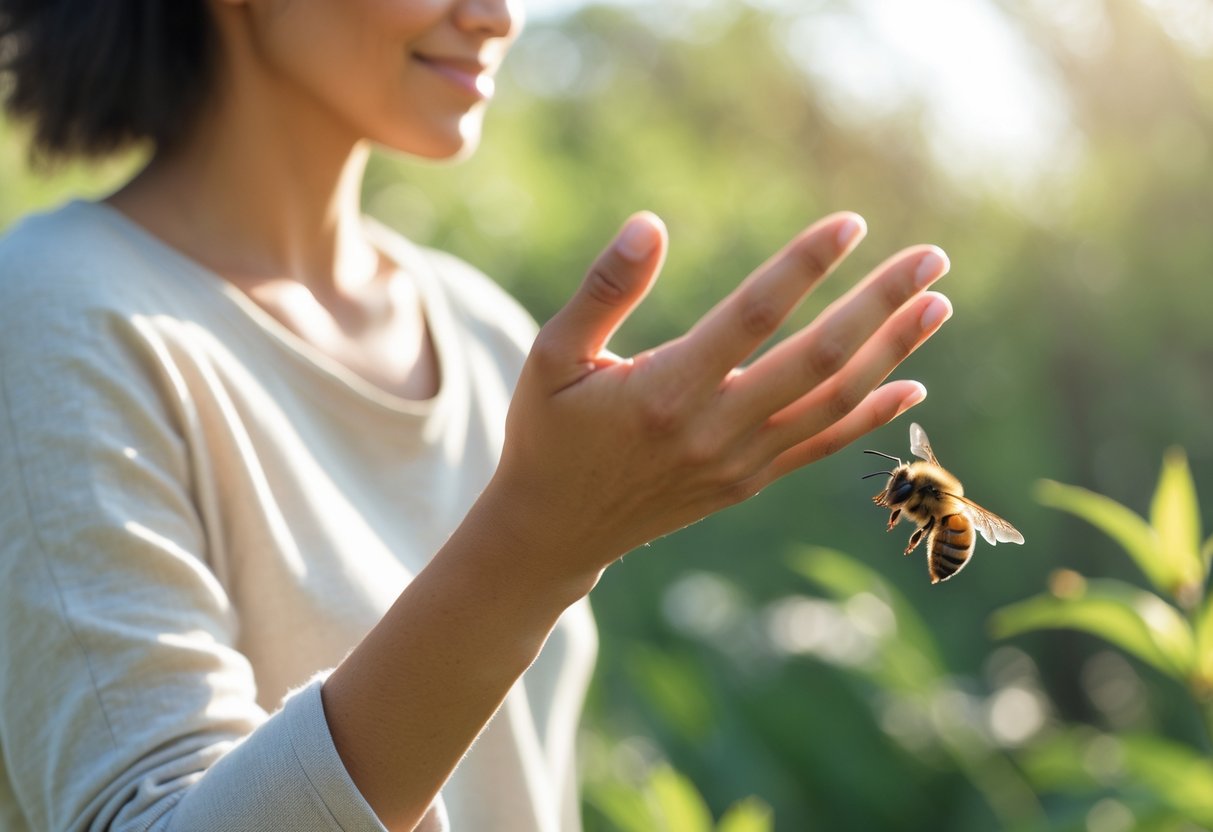 A person outdoors gently waving their hand to shoo away a bee flying nearby.