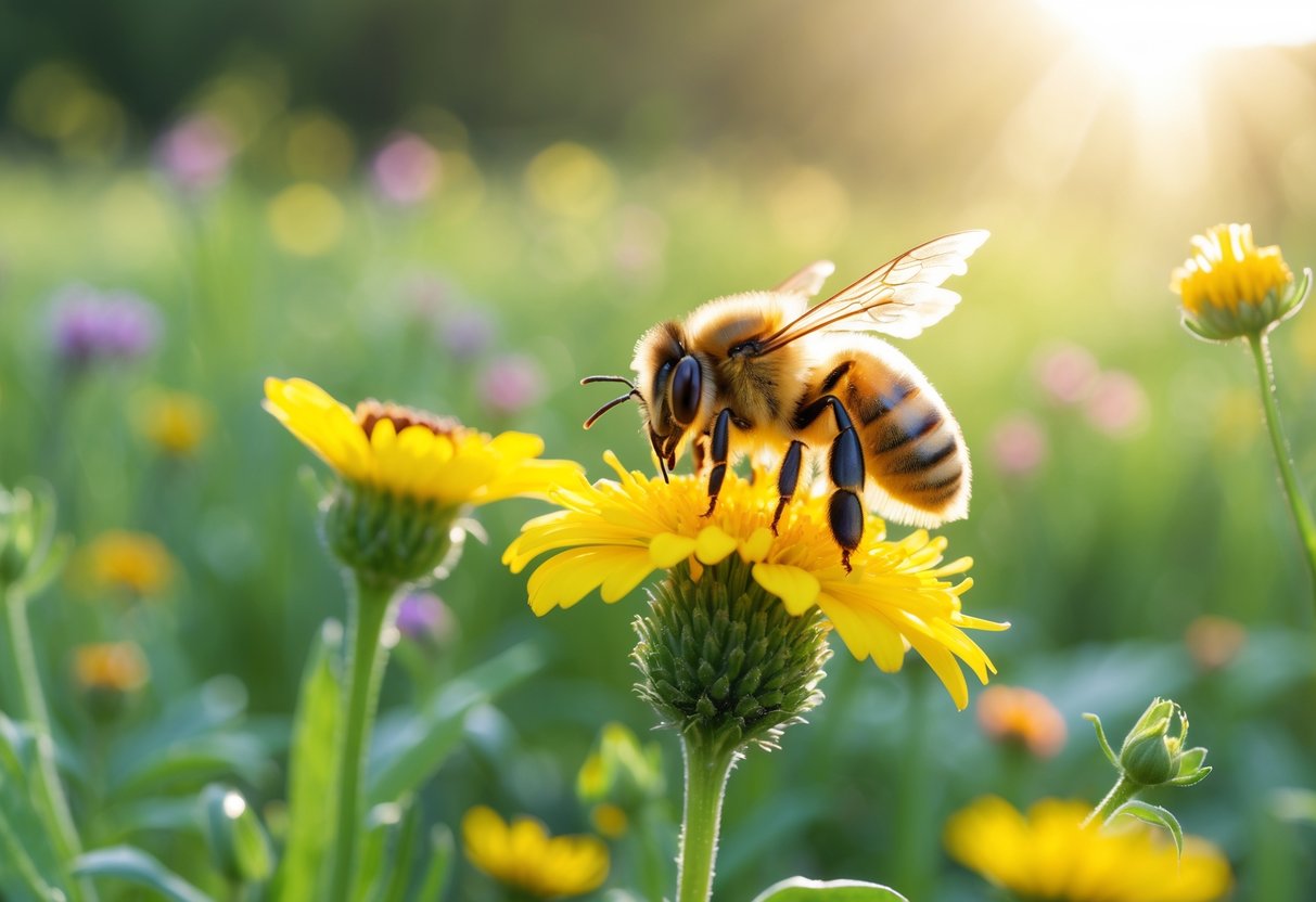 A bee resting on a yellow flower in a sunlit meadow with green plants and flowers in the background.