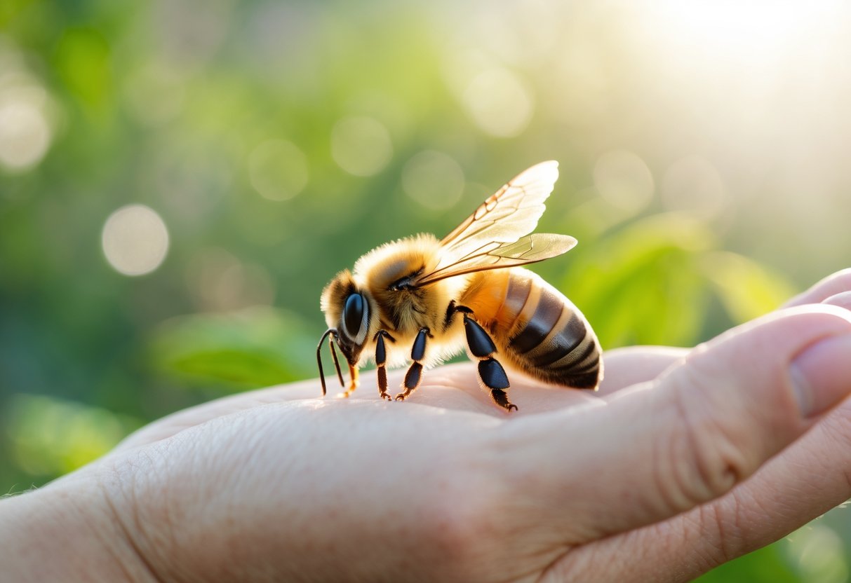 A honeybee resting on a person's open hand outdoors.