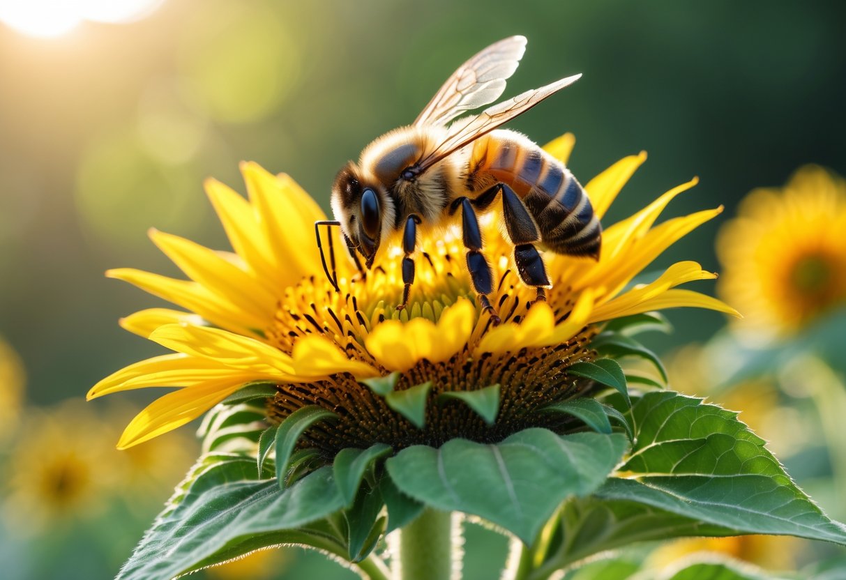 A honeybee collecting nectar on a yellow sunflower with green leaves in the background.
