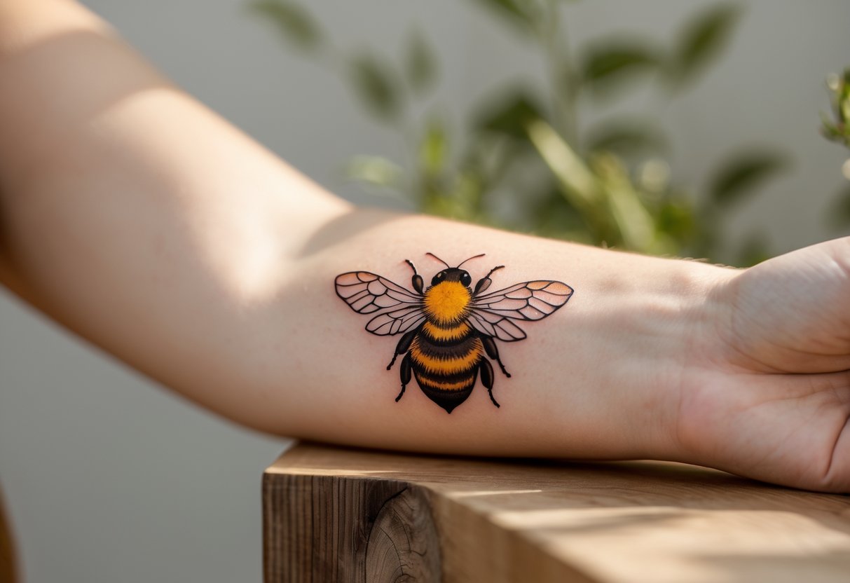Close-up of a woman's forearm with a detailed bee tattoo, her hand resting on a wooden surface with blurred greenery in the background.