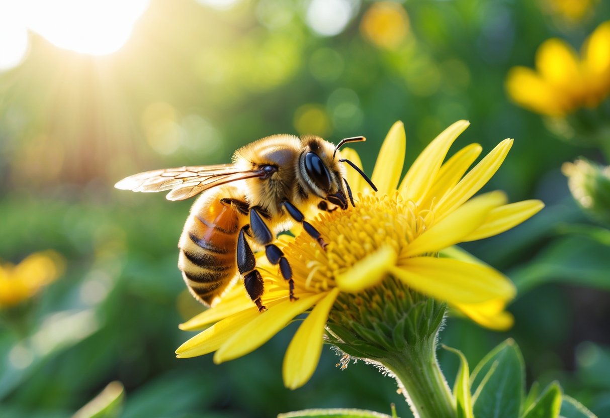 A honeybee sitting on a yellow flower in a garden with green foliage in the background.