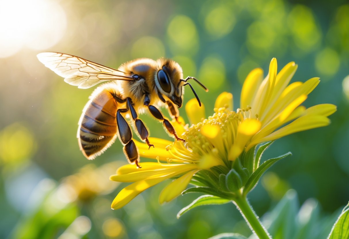 A honeybee hovering near a yellow flower in a garden.