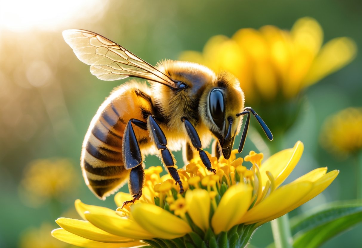 A close-up of a honeybee collecting pollen on a yellow flower with green leaves blurred in the background.