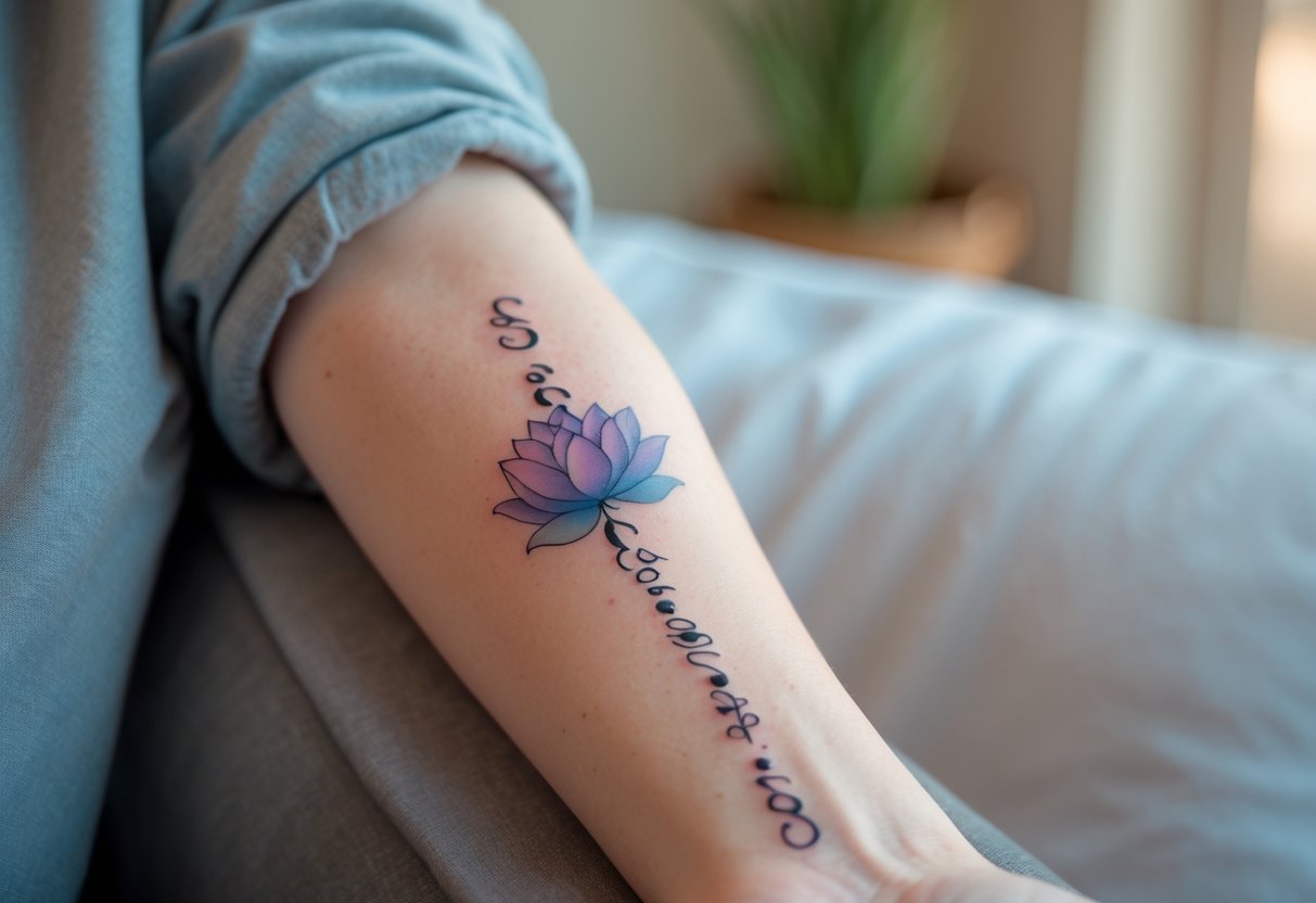 Close-up of a person's forearm with a tattoo combining a semicolon and a lotus flower in soft colors.