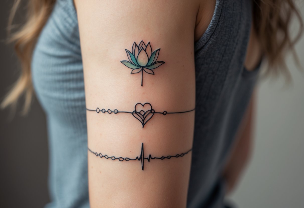 Close-up of a forearm with tattoos symbolizing mental health struggles, including a semicolon, lotus flower, heartbeat line, and broken chain.