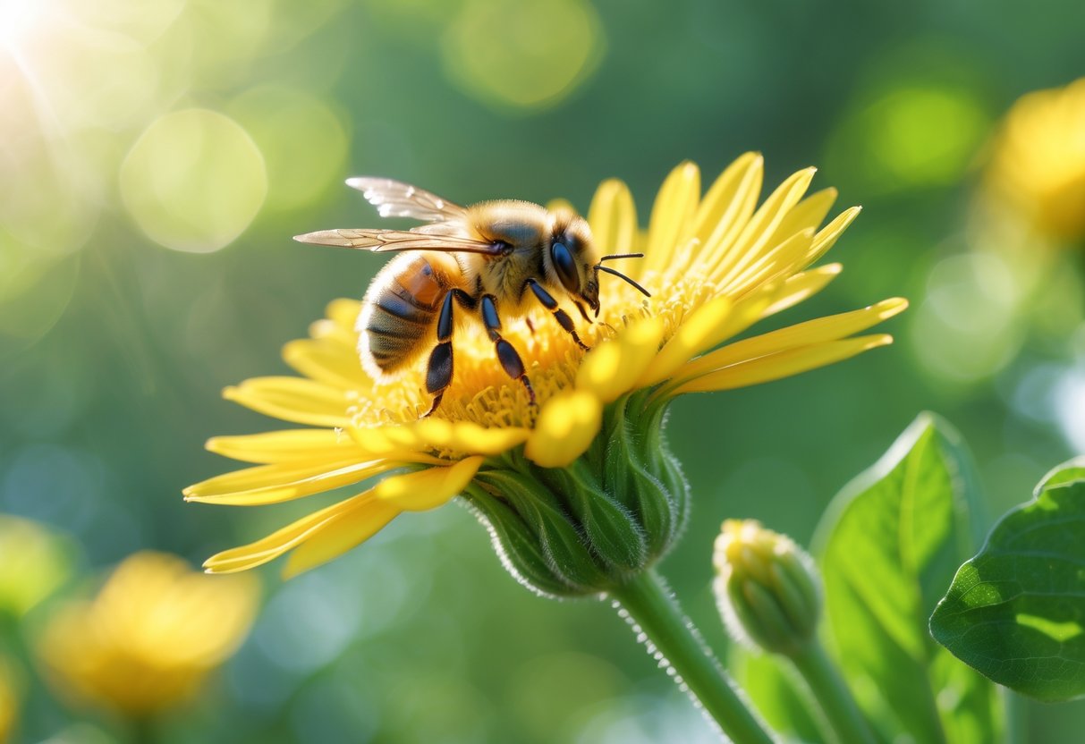 A close-up of a bee collecting pollen on a yellow flower with green leaves in the background.