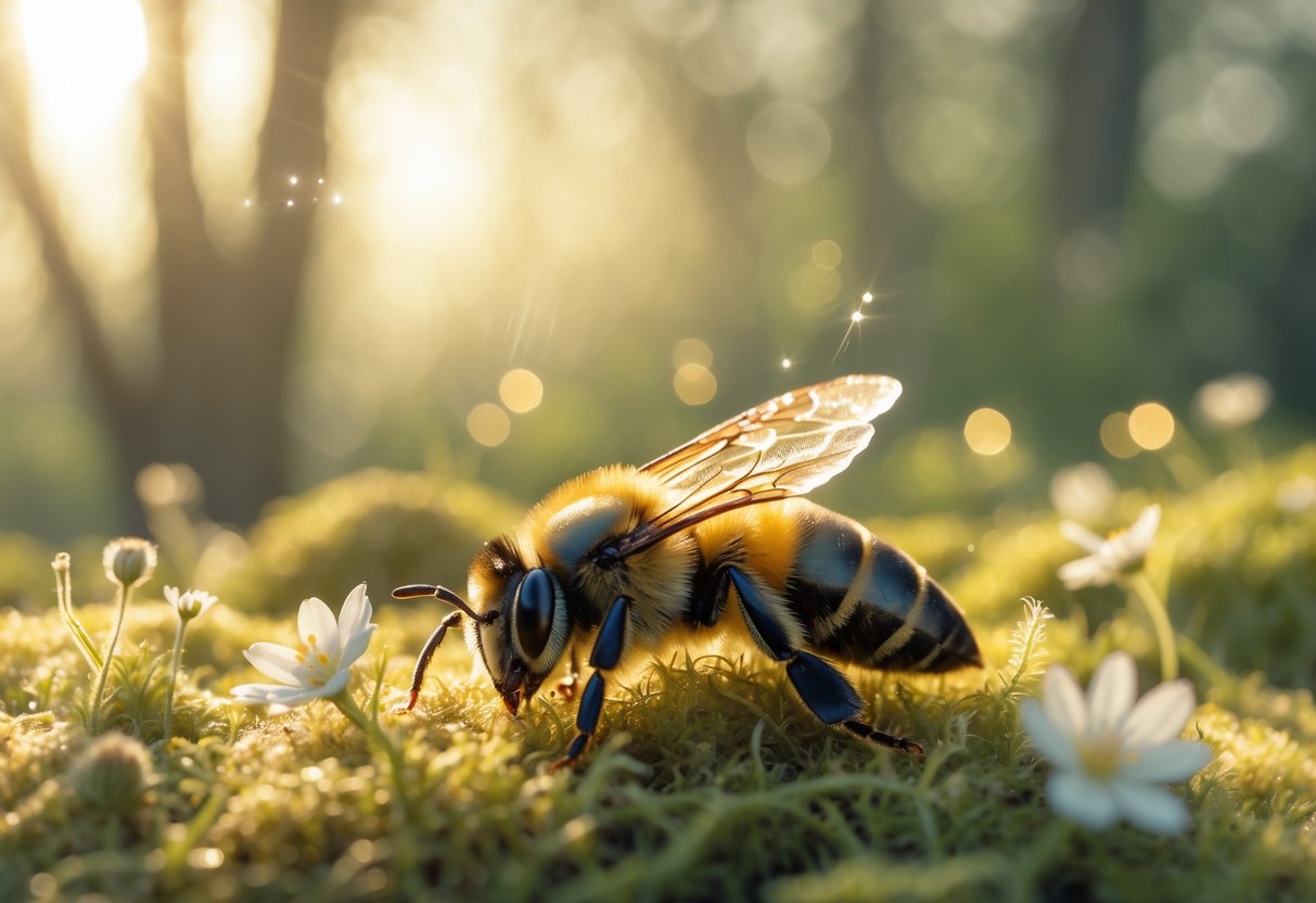 A dead bee resting on moss and wildflowers in a sunlit forest with soft light and mist in the background.