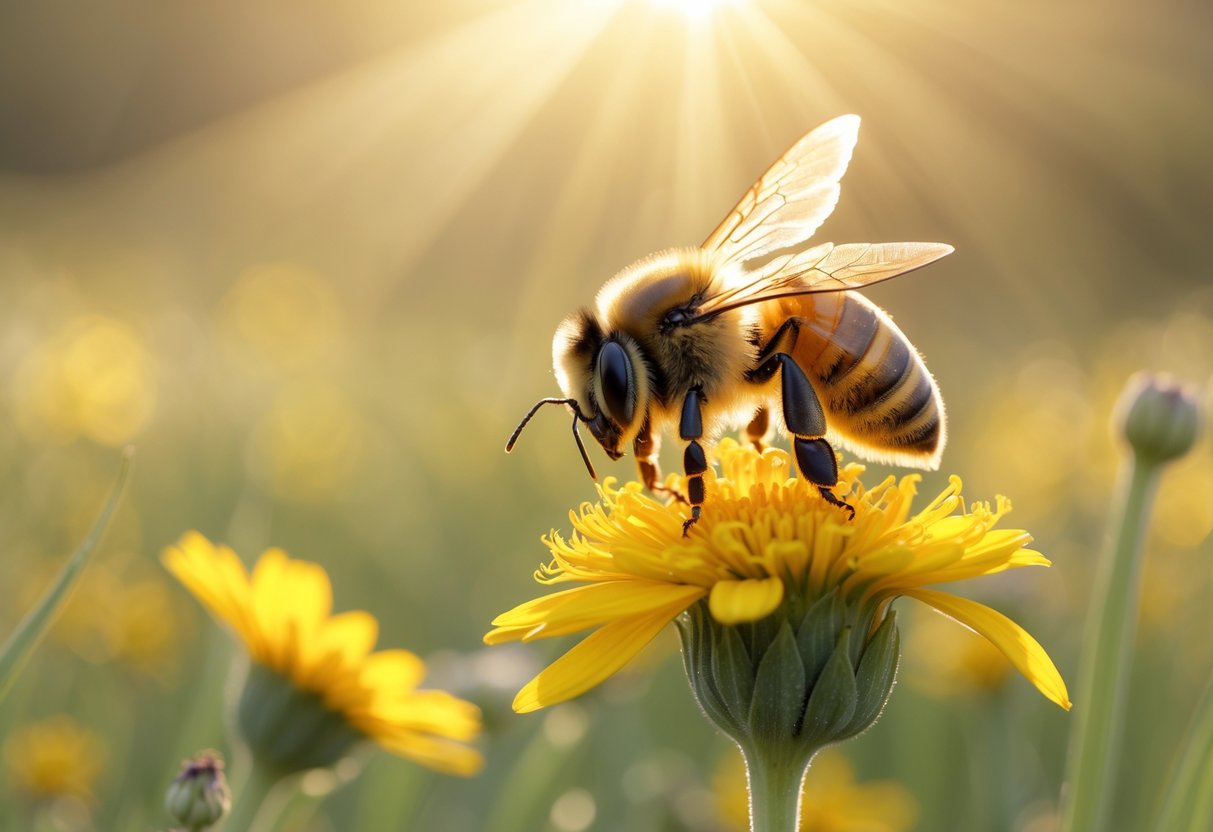 A bee resting on a yellow flower in a sunlit meadow with a blurred background.