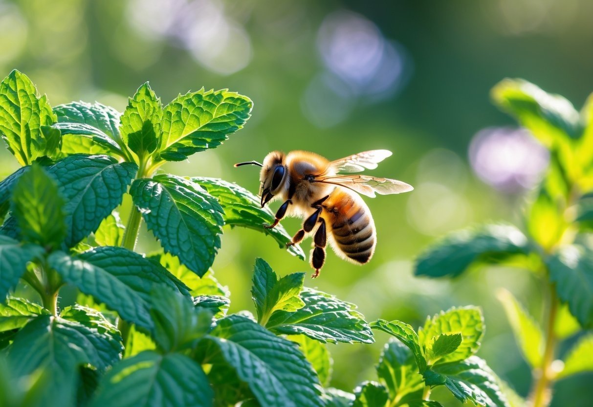 A honeybee hovering near fresh green mint leaves outdoors with a blurred natural background.