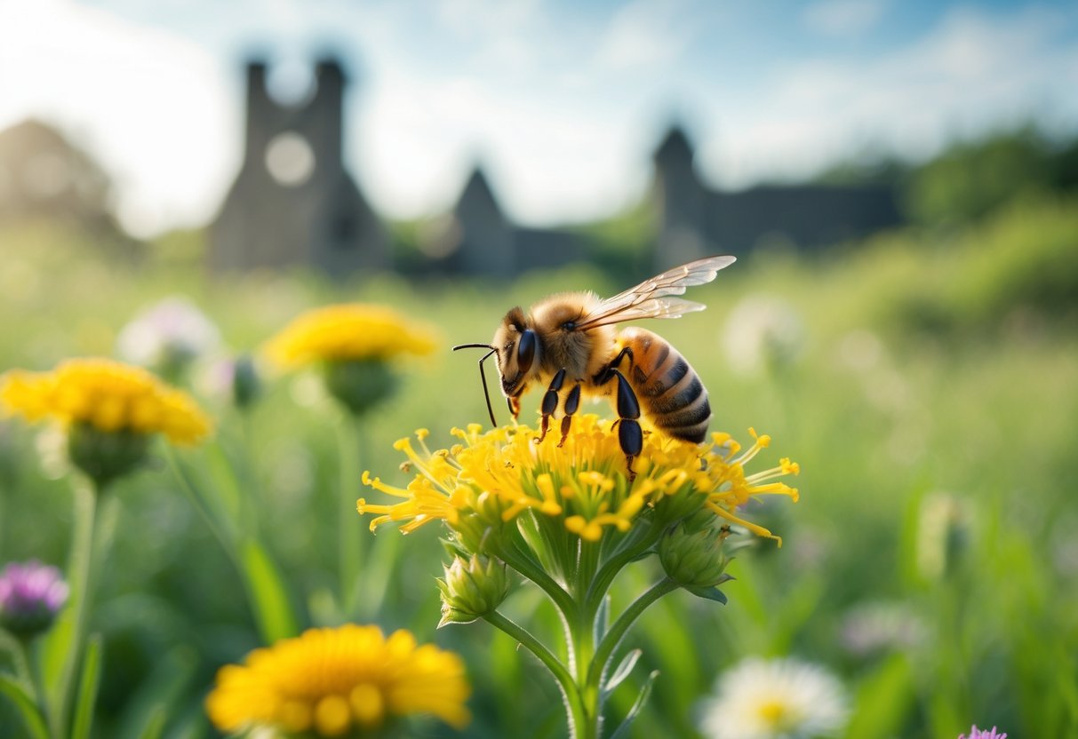 A honeybee resting on a yellow wildflower in a green meadow with blurred flowers and old stone buildings in the background.