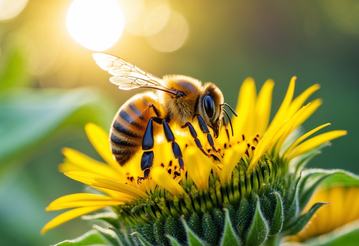 A honeybee sitting on a bright yellow sunflower with green leaves in the background.