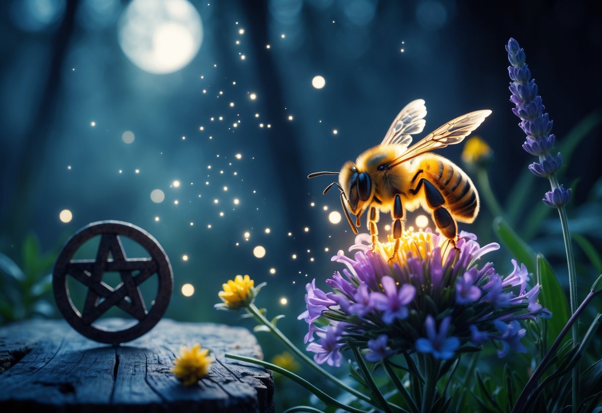 A close-up of a honeybee on wildflowers with a wooden pentacle and herbs nearby in a misty forest at night.