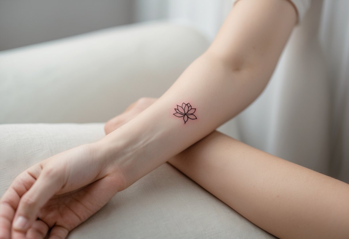 Close-up of a forearm showing a small tattoo symbol associated with anxiety.