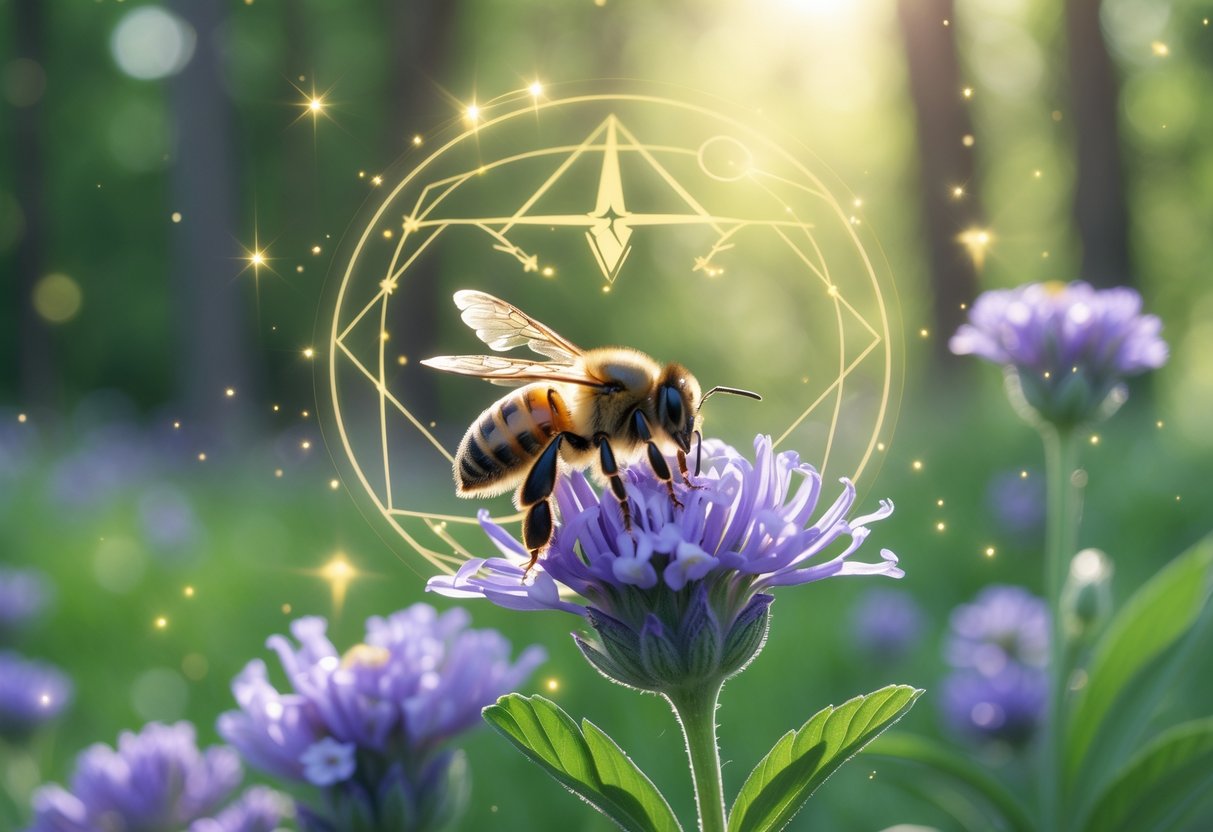 A close-up of a bee on a lavender flower in a sunlit forest clearing with soft glowing light and faint mystical sparkles around.