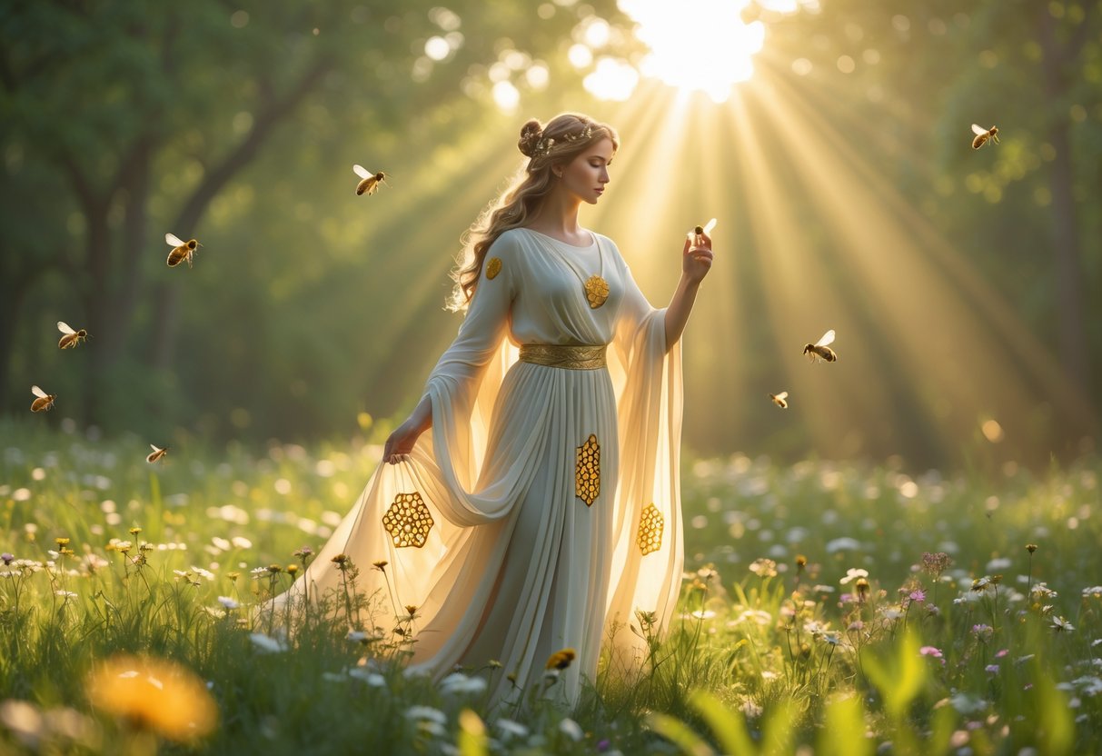 A serene female figure in flowing robes stands in a sunlit meadow surrounded by wildflowers and bees, gently holding a bee on her finger.