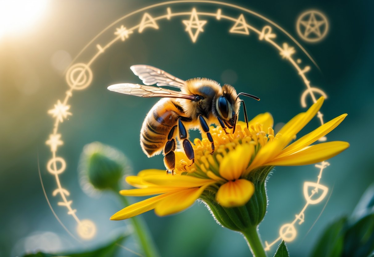 A close-up of a honeybee on a yellow flower with faint glowing symbols in the background surrounded by natural foliage.