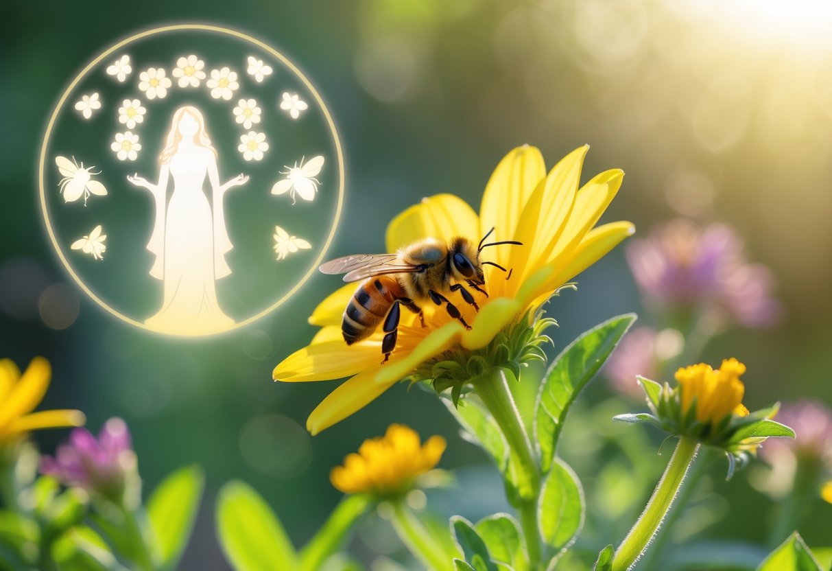 A close-up of a bee on a yellow flower with faint outlines of a goddess figure and bees in a natural garden setting.