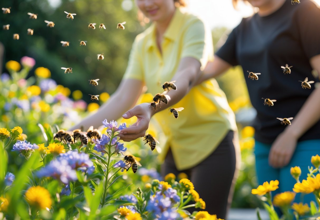 Two people in a garden with flowers and bees; one wearing yellow and the other black, with bees flying around the person in black.