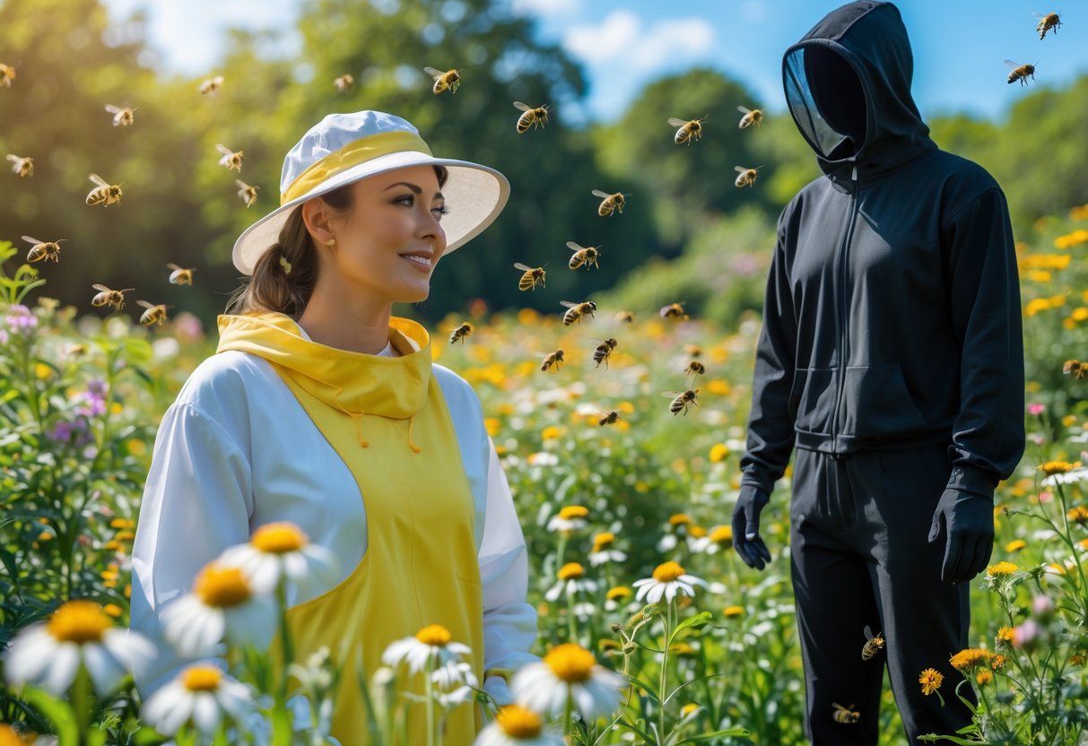 A person wearing light-colored clothes calmly surrounded by bees in a flower-filled garden, with a nearby figure dressed in black where bees avoid.