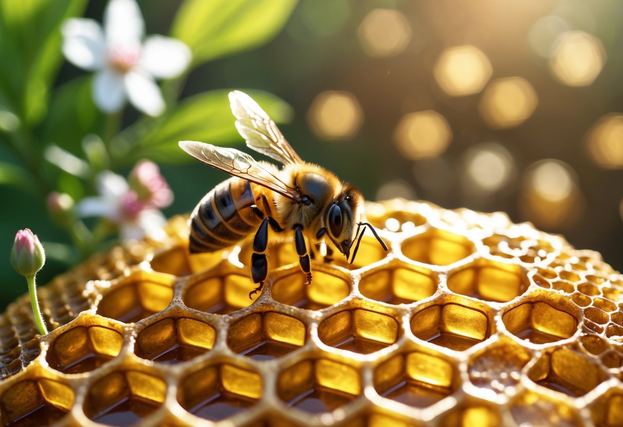 Close-up of a honeybee on a honeycomb with blurred greenery in the background.