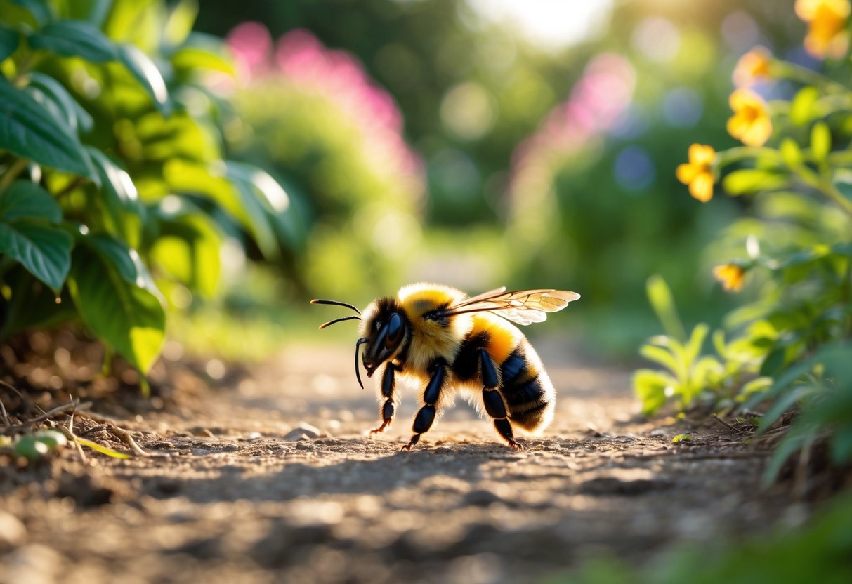 A bumblebee flying over a garden path with green plants and flowers in the background.