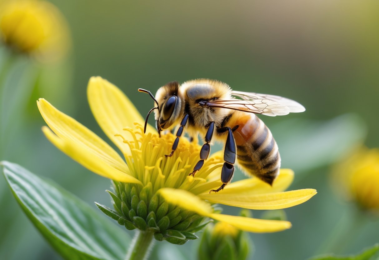 A bee sitting on a yellow flower with green leaves in the background.