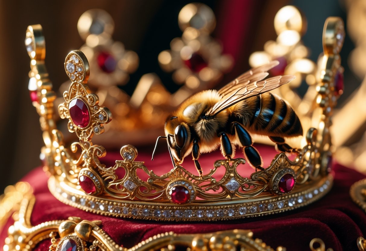 A golden bee resting on an ornate jeweled royal crown against a warm, blurred background.
