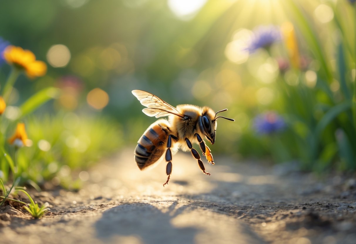 A bee flying just above a garden path surrounded by grass and wildflowers.