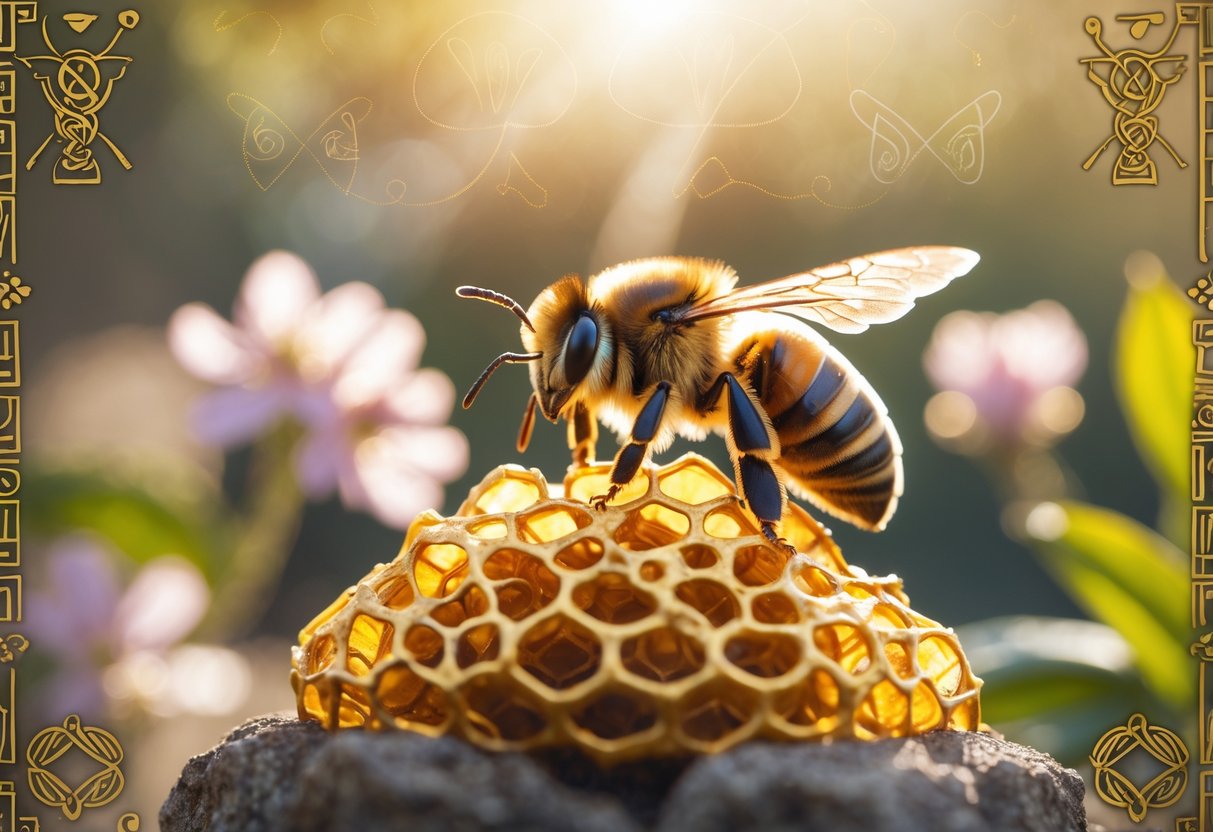 A close-up of a bee sitting on a golden honeycomb shaped like a crown, surrounded by subtle cultural patterns and natural flowers in the background.