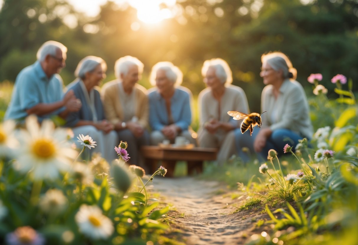 A bee flying across a sunlit garden path with a diverse group of people gathered and talking in the background.